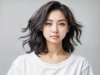 Portrait of a beautiful young Asian woman with clean fresh skin on a gray background