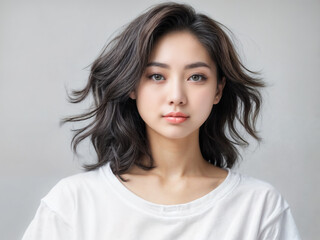 Fototapeta premium Portrait of a beautiful young Asian woman with clean fresh skin on a gray background