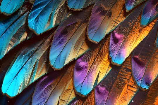 Close-up of butterfly wing scales, microscopic view, iridescent colors, detailed patterns, stock photo style.