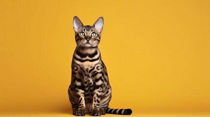 Bengal cat on a one color background, copy space, realistic - generative ai