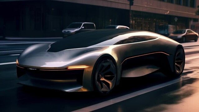 A sleek black and silver selfdriving car soaring along a city street a testament to a future of smart mobility. . .