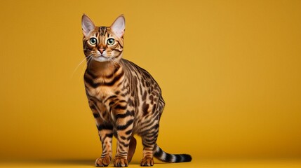 Bengal cat on a one color background, copy space, realistic - generative ai