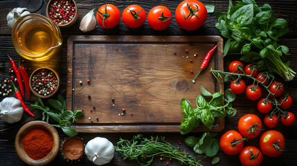 A wooden cutting board surrounded by various vegetables and spices on a dark wooden background.