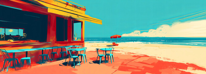 Cafe on seacoast beach. Illustration of paradise island. Summer panorama - obrazy, fototapety, plakaty