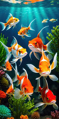 Obraz na płótnie Canvas glow vibrant color gold fish swim in the underwater