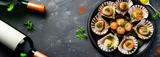 Set of Seafood dishes with scallop and vine on dark background. Top view, banner