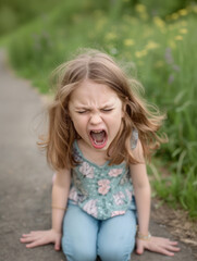 Girl kneeling on ground screaming and yelling while having a temper tantrum