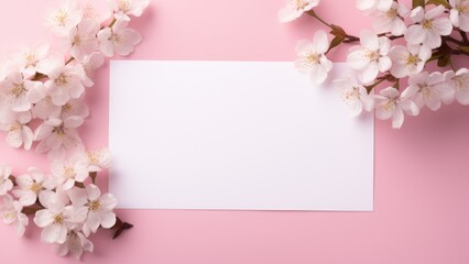 Fototapeta na wymiar Tranquil scene with a blank card amidst cherry blossoms on soft pink. Ai Generated