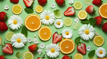 Vibrant display of citrus, strawberries, mint, and daisies on green. Ai Generated