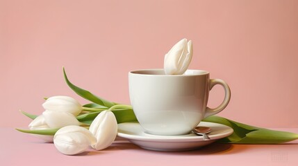 Fototapeta na wymiar coffee cup, white tulips, and a single egg on pastel pink. Ai Generated