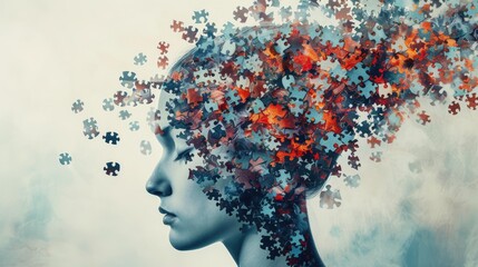Woman's head fragmented with puzzle pieces, Ai Generated.
