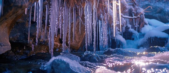 Nature forms stunning ice creations in winter with illuminated icicles hanging from the bottom of rocks, shining under the sunlight as trickling water freezes.
