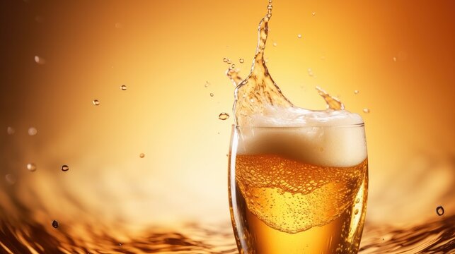 beer pouring, bubble froth, glass, wave curve background. Ai Generated.