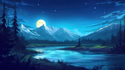 Fototapeta premium Night unveils a countryside, where a mountain river glows beneath a starry sky, Ai Generated.
