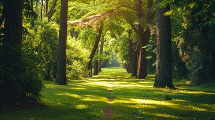 A green forest park offers enchanting scenery, nature's haven with tranquil beauty, Ai Generated.