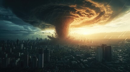 A massive tornado dominates the cityscape, a tempestuous storm swirling over the Earth, Ai Generated. - obrazy, fototapety, plakaty