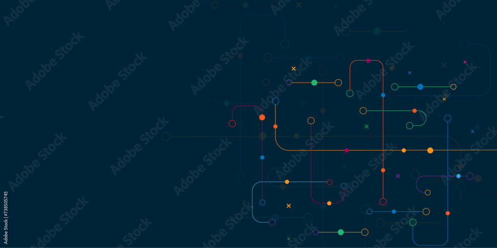 Wall mural abstract multi colored lines connection. digital technology blue background. concept with technology