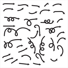 Super set different shape hand drawn arrows. Doodle style curved and squiggly arrows. Vector arrow design