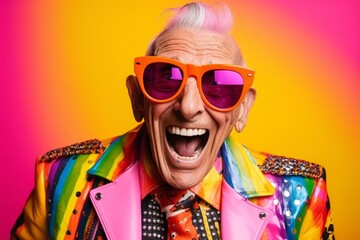 Portrait of a happy senior man with pink hair and sunglasses on a colorful background.