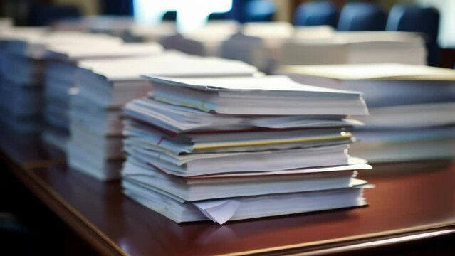 Thick folders of evidence are stacked neatly on a desk awaiting a judges review before a verdict is delivered.
