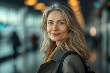 A woman with blonde hair and blue eyes stands in an airport terminal, preparing for her trip