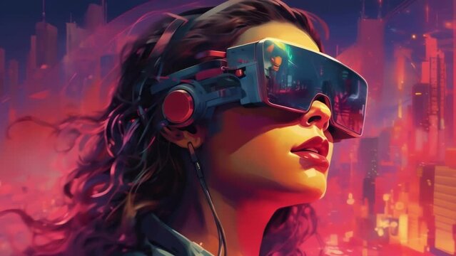 A close up of a person in a virtual reality headset the scene framed in a saturated cyberpunkinfluenced colour palette cyberpunk art