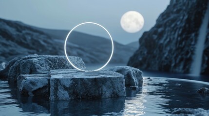 Broken stone podium decorated with standing white ring light with a moon background. 3D mock-up product showcase display with natural stone - Powered by Adobe