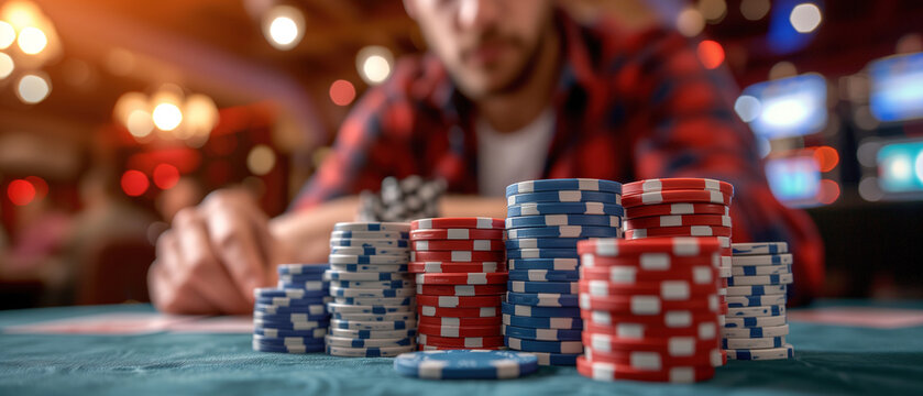 A man plays intense poker in a noisy casino, surrounded by stacks of colorful chips, all-in