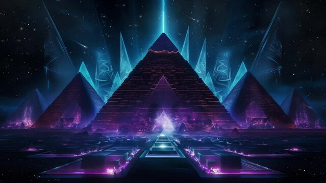 pyramid complex at night with pyramid. neon pyramid at night on cyberpunk city. seamless looping overlay 4k virtual video animation background 