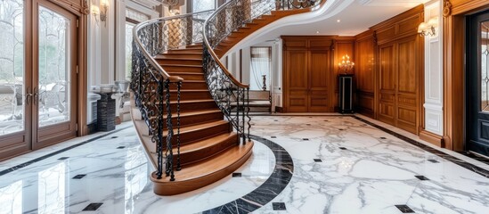 Marble-floor interior with a spiral staircase and classy wrought iron balusters, adorned with wooden railings. - obrazy, fototapety, plakaty