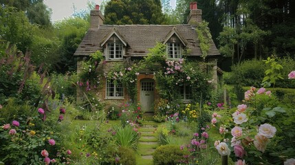 Quaint English garden, brimming with a variety of vibrant flowers and lush vegetation