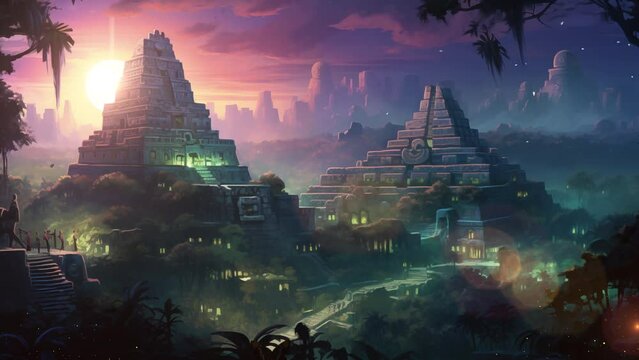 ancient mayan jungle city at night with each temple. seamless looping overlay 4k virtual video animation background 