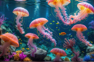 Obraz na płótnie Canvas glow vibrant jellyfish in the depths of the ocean