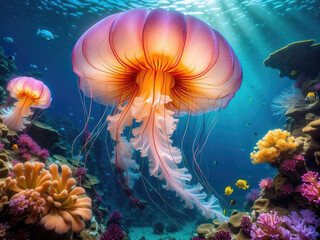 Fototapeta na wymiar glow vibrant jellyfish in the depths of the ocean
