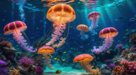 Naklejka na ściany i meble glow vibrant jellyfish in the depths of the ocean