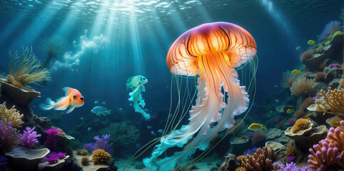 Fototapeta na wymiar glow vibrant jellyfish in the depths of the ocean