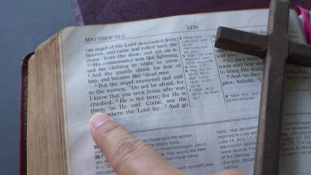 Finger pointing to bible scripture passage, Matthew 28, verse 6. A wooden crucifix cross next to passage. Jesus has risen, a popular verse for Easter Day.