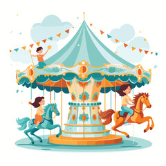 Children having on the carousel with horses - obrazy, fototapety, plakaty