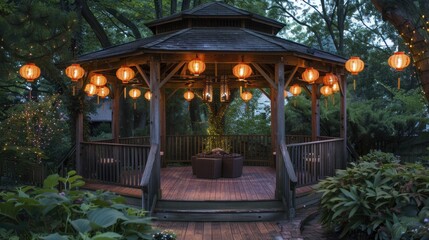 Fototapeta premium Garden gazebo lit by hanging lanterns, romantic nook, evening serenity