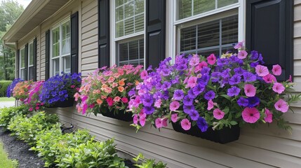 Fototapeta na wymiar Overhanging baskets brimming with petunias, their colors spilling over, beautifying balconies or porches