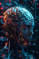 Human brain and head with electronic circuits