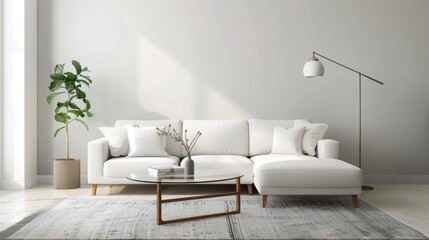 Modern Minimalist Living Room with Potted Plant and White Sofa AI Generated.