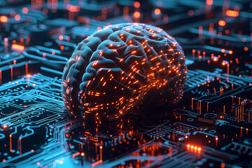 Human brain and head with electronic circuits