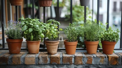 Fototapeta premium Compact balcony garden in the city, featuring container plants and herbs, optimizing limited outdoor area