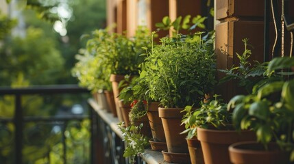 Fototapeta premium Small urban balcony garden, potted plants and herbs, maximized green space
