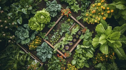 Vegetable garden arranged for visual appeal and nutrition, blending edible plants with ornamental greens