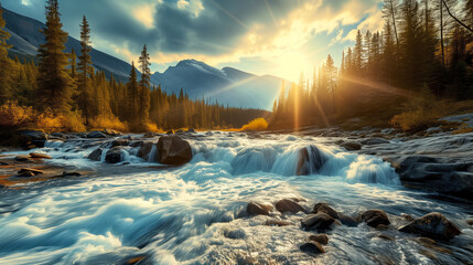 Golden Sunrise Over Mountain River