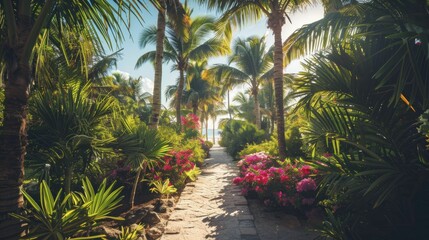 Fototapeta na wymiar Tropical garden with palm trees and exotic flowers, vacation vibe, lush