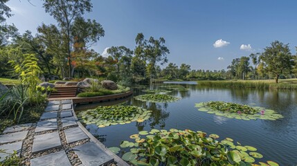 Fototapeta na wymiar Waterfront garden landscape, peaceful harmony with water features and aquatic plants