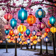 Fototapeta na wymiar A stunning display-of colorful eid lanterns